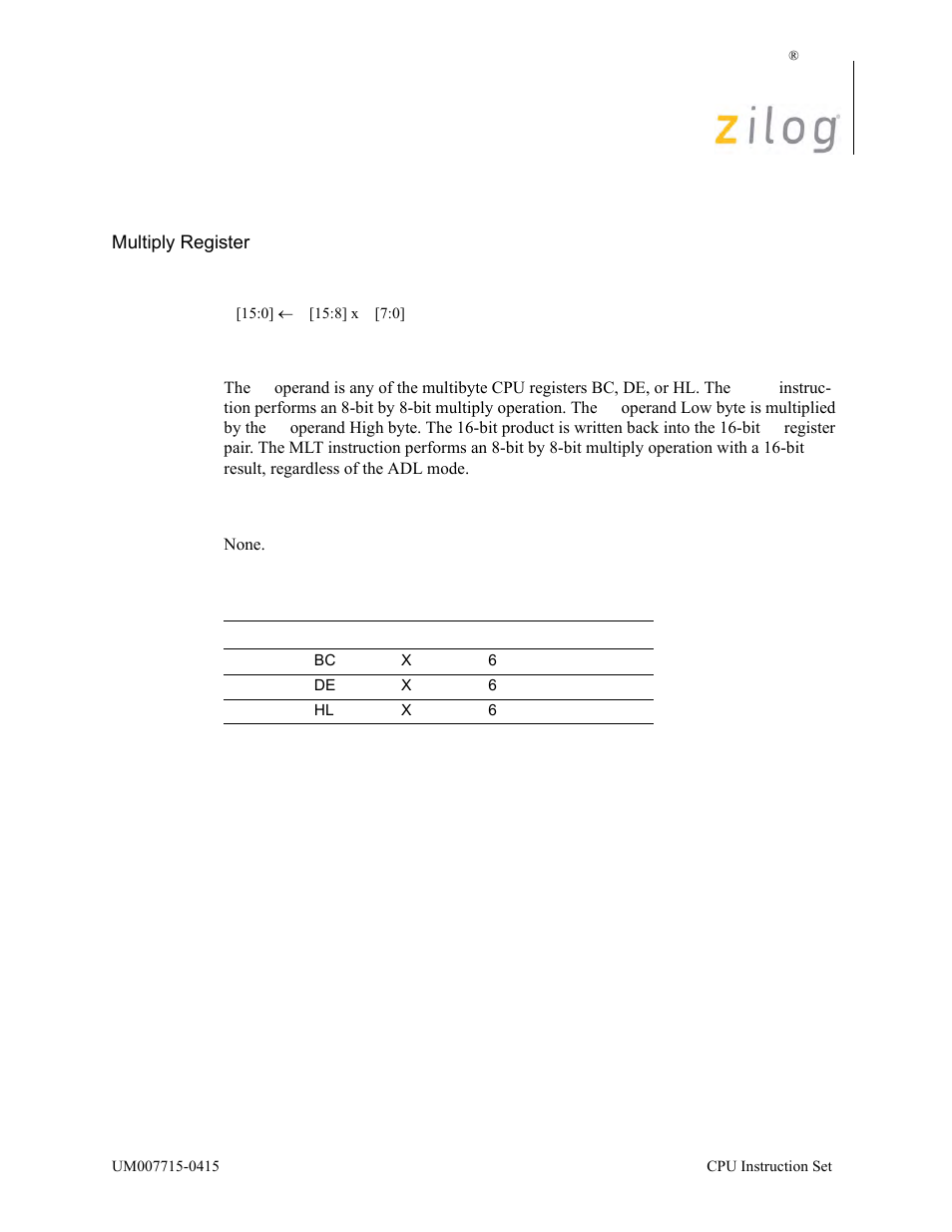 Mlt rr, Operation, Description | Condition bits affected, Attributes | Zilog EZ80F916 User Manual | Page 255 / 411