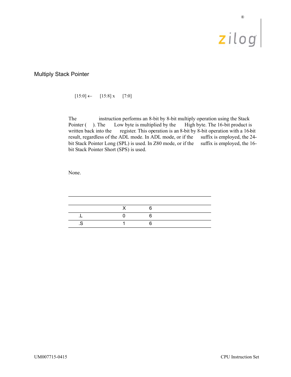 Mlt sp, Operation, Description | Condition bits affected, Attributes | Zilog EZ80F916 User Manual | Page 256 / 411