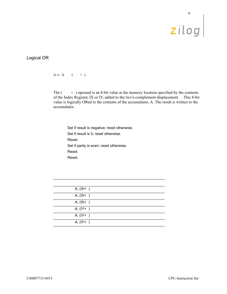 Or a, (ix/y+d), Operation, Description | Condition bits affected attributes | Zilog EZ80F916 User Manual | Page 261 / 411