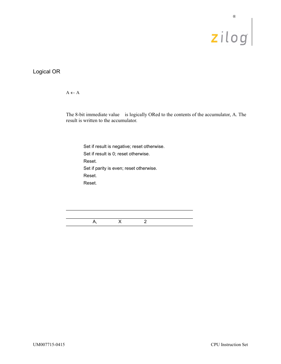 Or a, n, Operation, Description | Condition bits affected attributes | Zilog EZ80F916 User Manual | Page 262 / 411