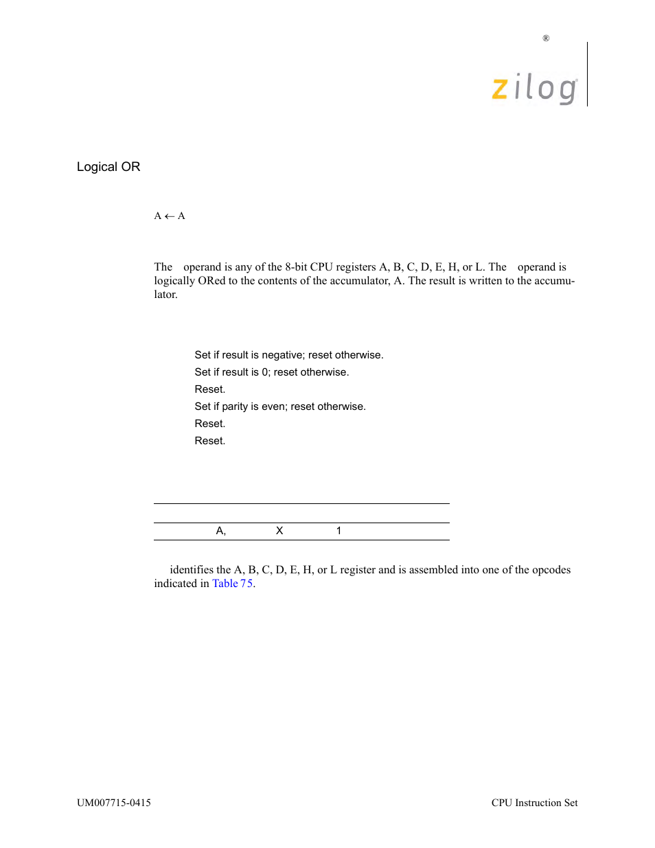 Or a, r, Operation, Description | Condition bits affected attributes | Zilog EZ80F916 User Manual | Page 263 / 411