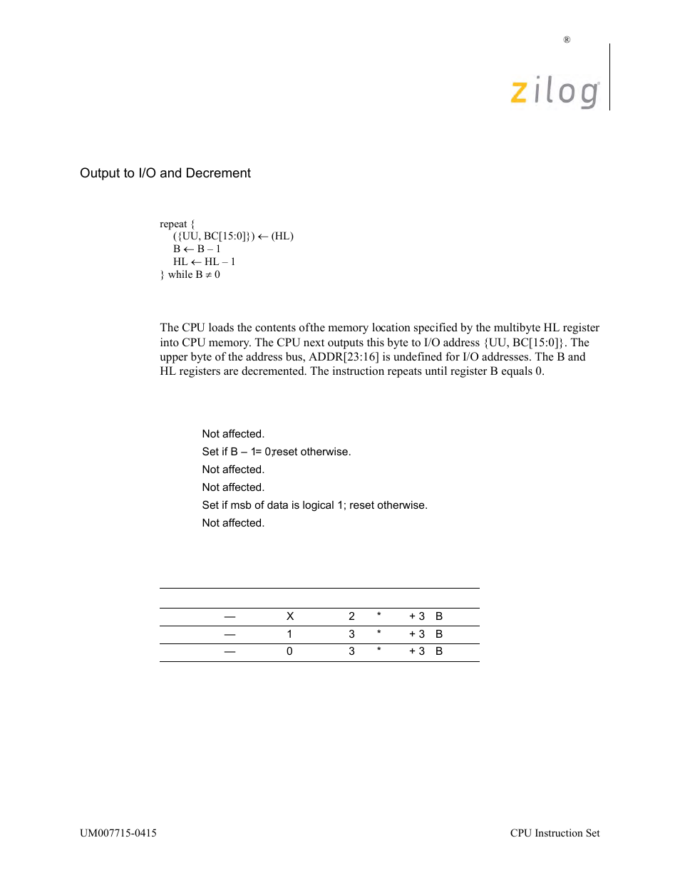 Otdr, Operation, Description | Condition bits affected attributes | Zilog EZ80F916 User Manual | Page 269 / 411