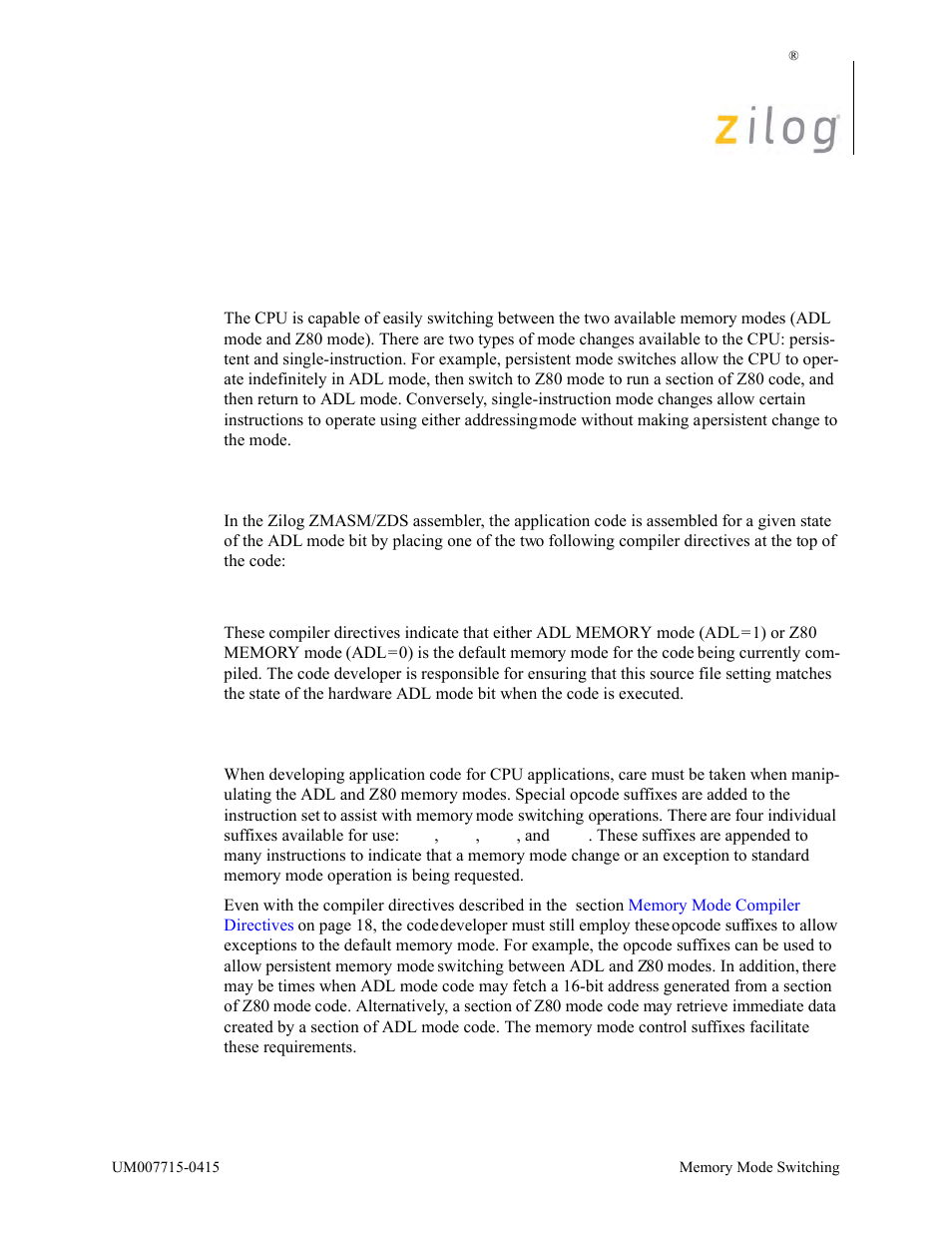 Memory mode switching, Adl mode and z80 mode, Memory mode compiler directives | Opcode suffixes for memory mode control | Zilog EZ80F916 User Manual | Page 27 / 411