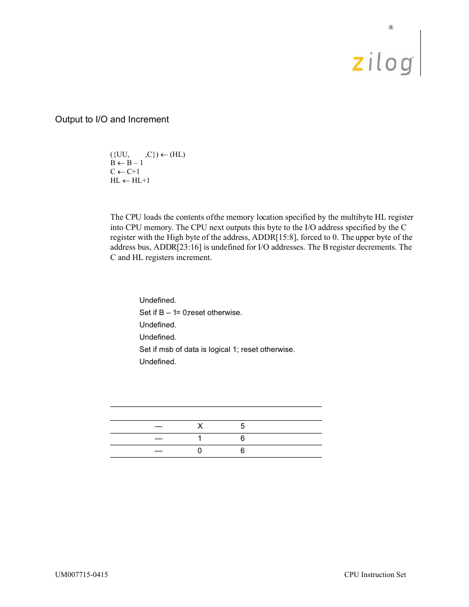 Otim, Operation, Description | Condition bits affected attributes | Zilog EZ80F916 User Manual | Page 273 / 411