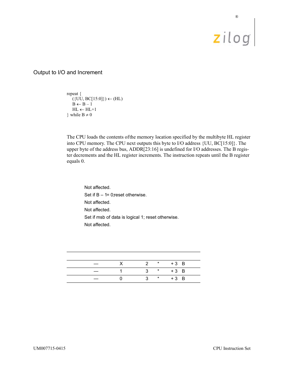 Otir, Operation, Description | Condition bits affected attributes | Zilog EZ80F916 User Manual | Page 275 / 411