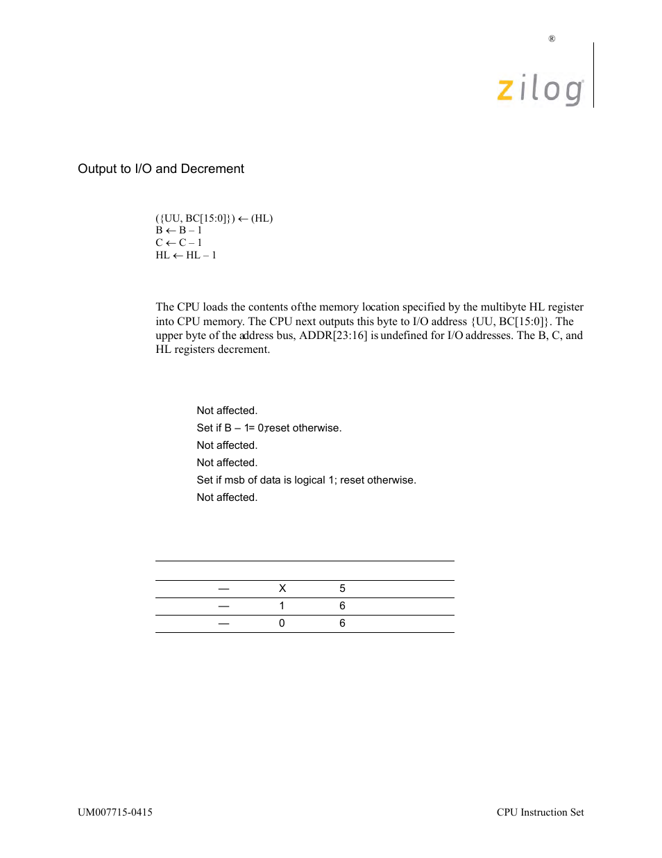Outd2, Operation, Description | Condition bits affected attributes | Zilog EZ80F916 User Manual | Page 281 / 411
