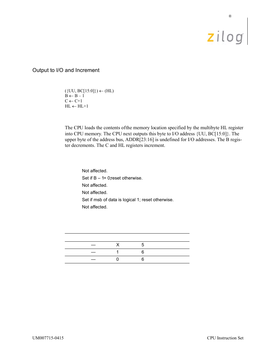 Outi2, Operation, Description | Condition bits affected attributes | Zilog EZ80F916 User Manual | Page 283 / 411