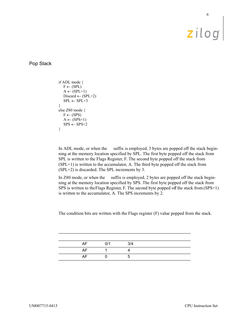 Pop af, Operation, Description | Condition bits affected, Attributes | Zilog EZ80F916 User Manual | Page 286 / 411