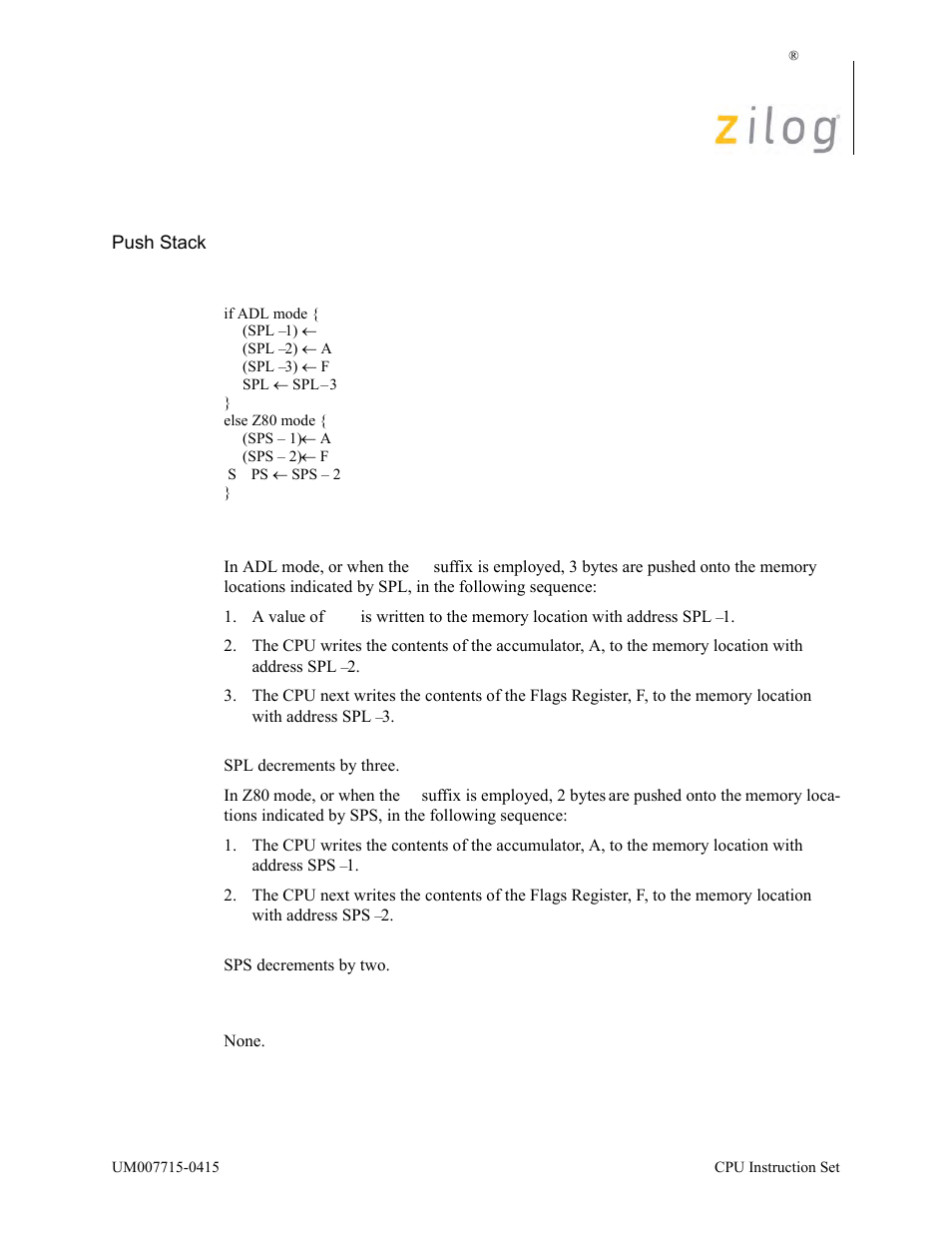 Push af, Operation, Description | Condition bits affected | Zilog EZ80F916 User Manual | Page 291 / 411