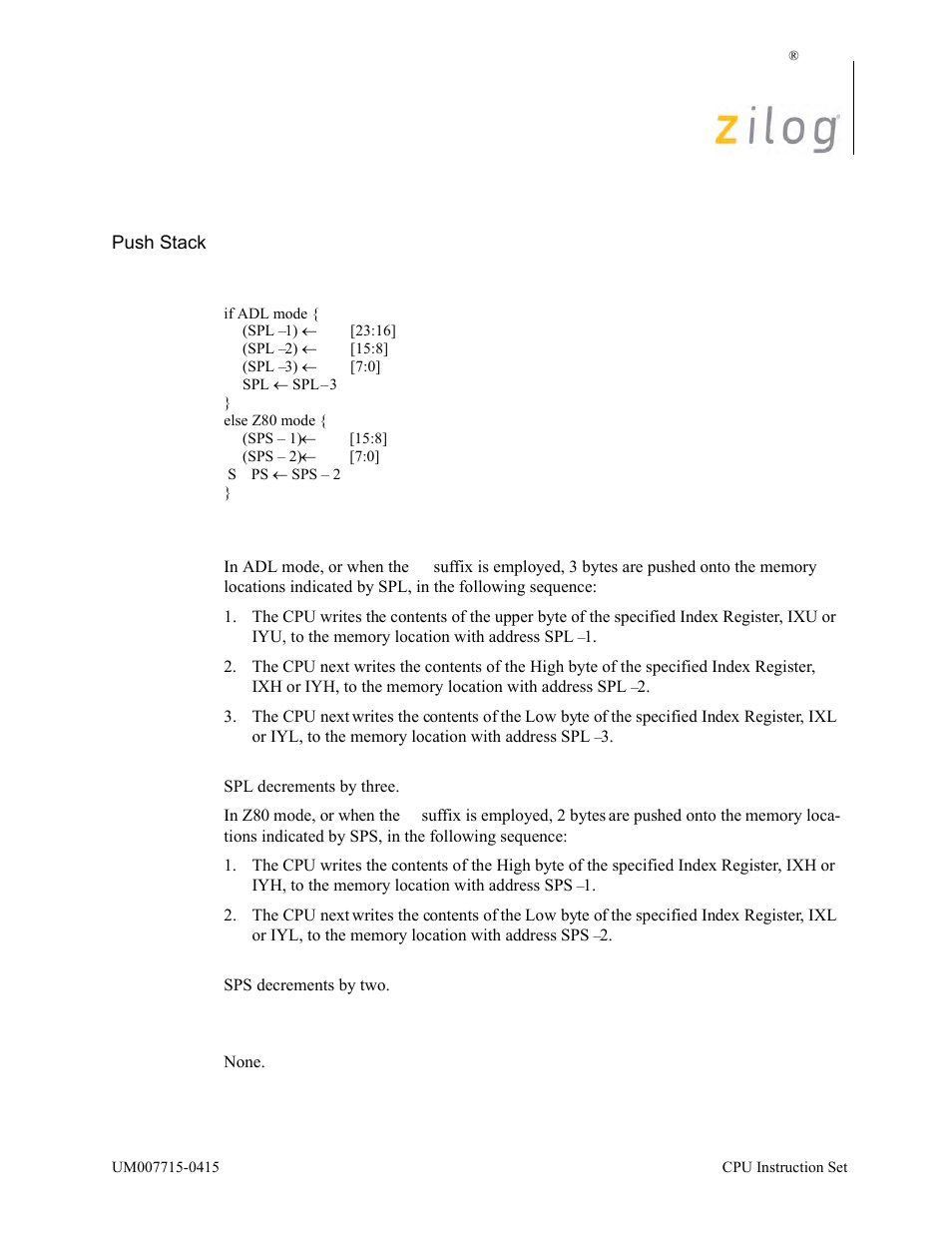 Push ix/y, Operation, Description | Condition bits affected | Zilog EZ80F916 User Manual | Page 293 / 411