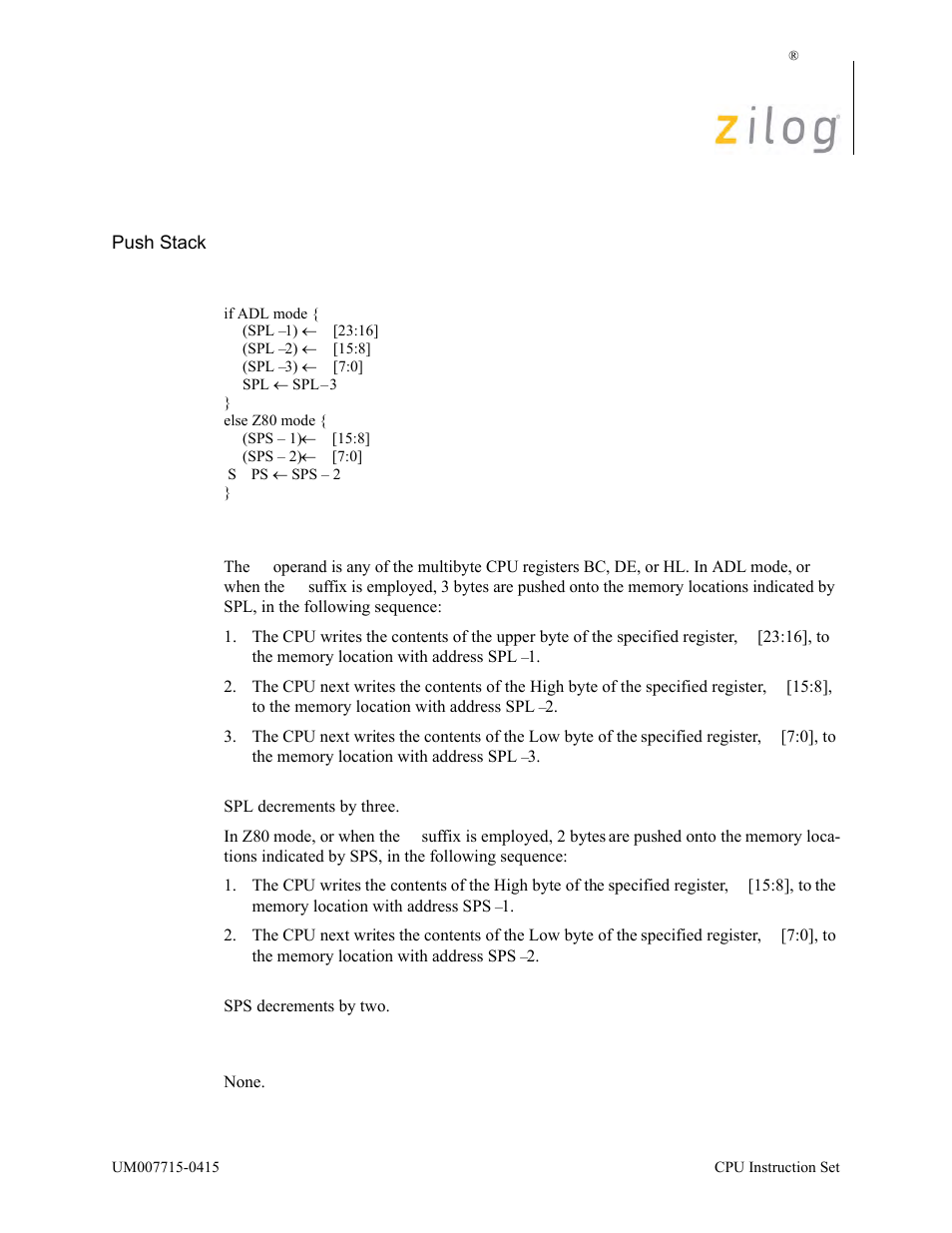 Push rr, Operation, Description | Condition bits affected | Zilog EZ80F916 User Manual | Page 295 / 411