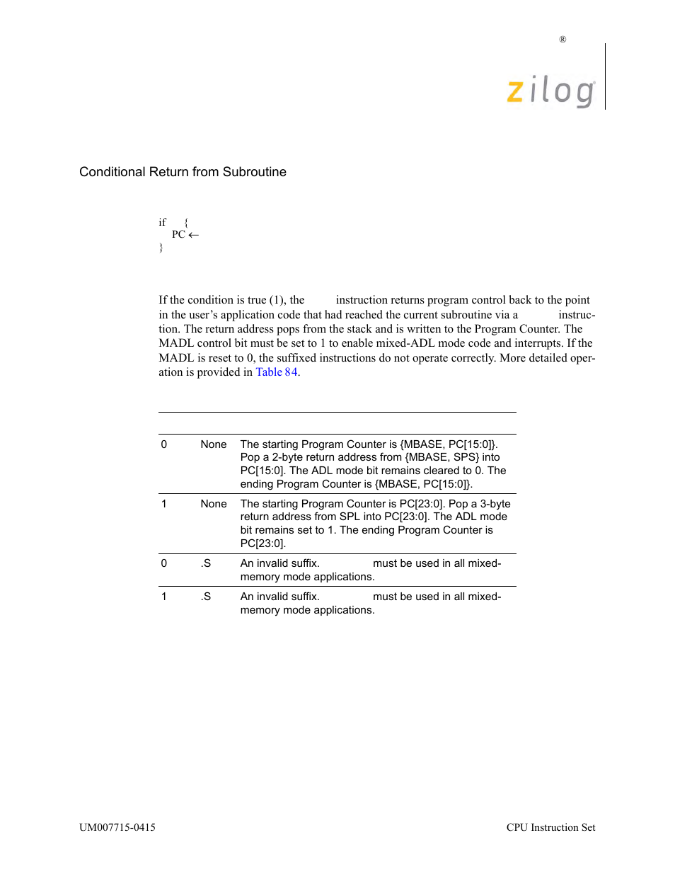 Ret cc, Operation, Description | Zilog EZ80F916 User Manual | Page 303 / 411