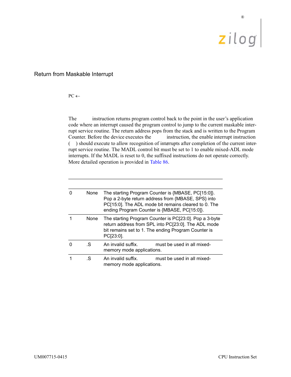 Reti, Operation, Description | Zilog EZ80F916 User Manual | Page 306 / 411