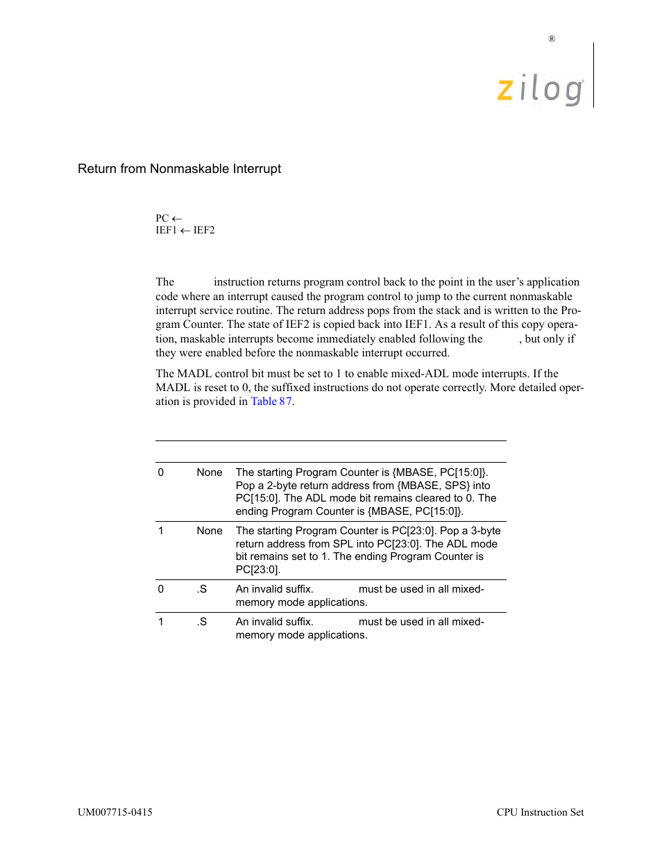 Retn, Operation, Description | Zilog EZ80F916 User Manual | Page 309 / 411