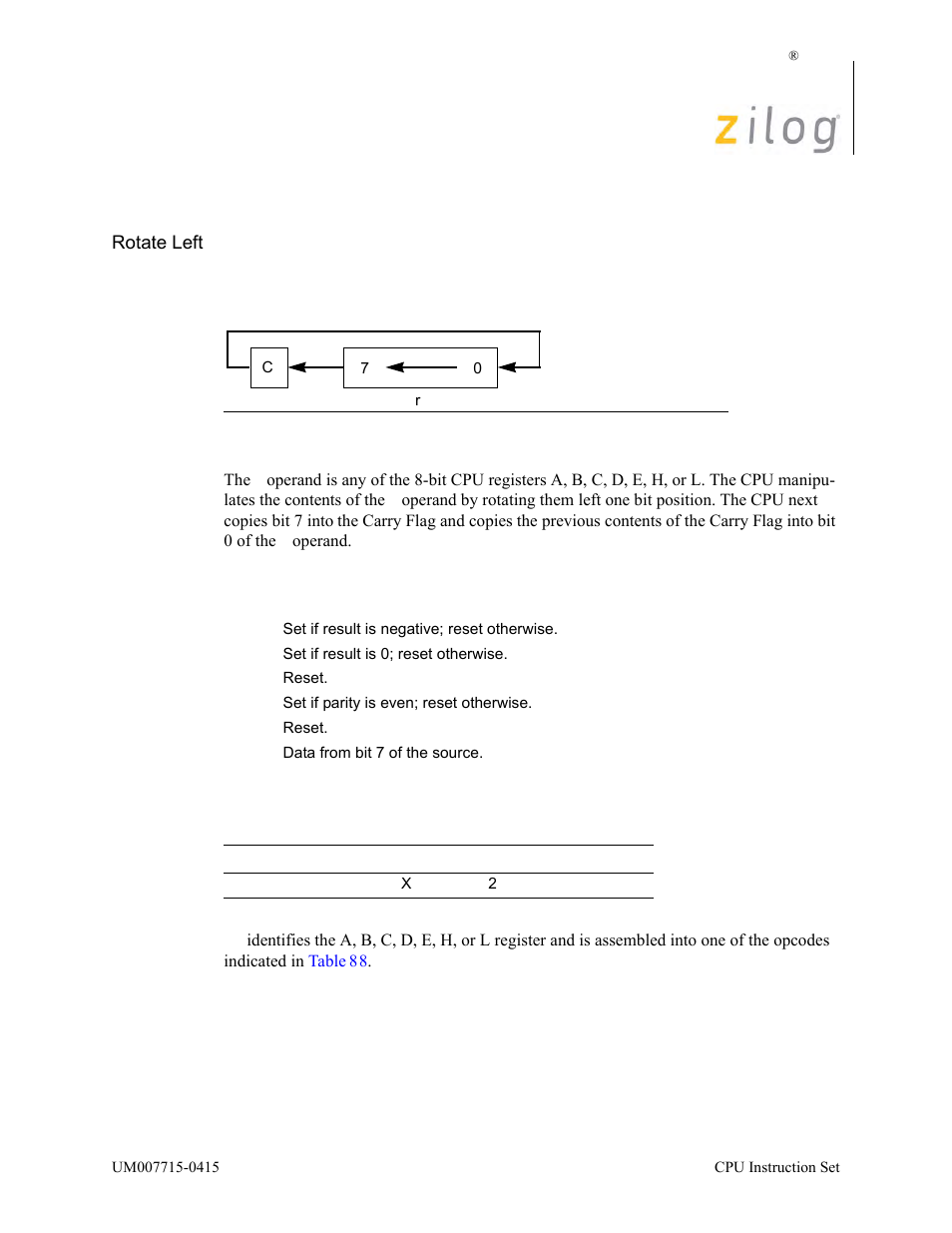 Rl r, Operation description, Condition bits affected attributes | Zilog EZ80F916 User Manual | Page 314 / 411
