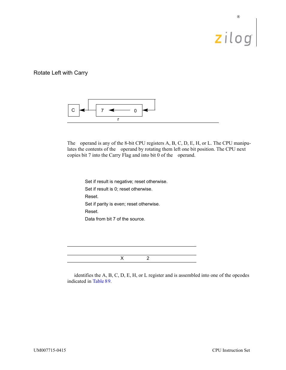 Rlc r, Operation description, Condition bits affected attributes | Zilog EZ80F916 User Manual | Page 319 / 411