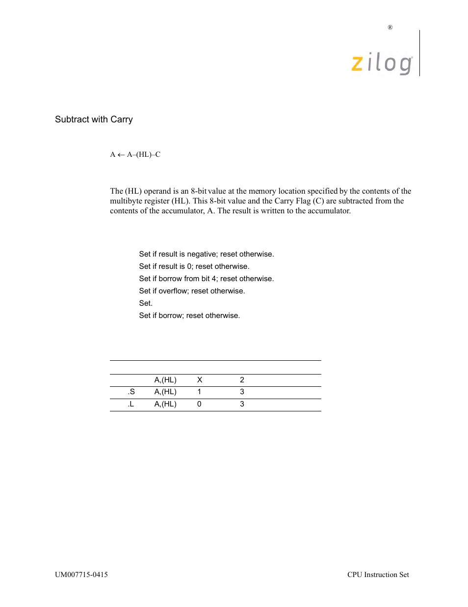 Sbc a, (hl), Operation, Description | Condition bits affected attributes | Zilog EZ80F916 User Manual | Page 338 / 411