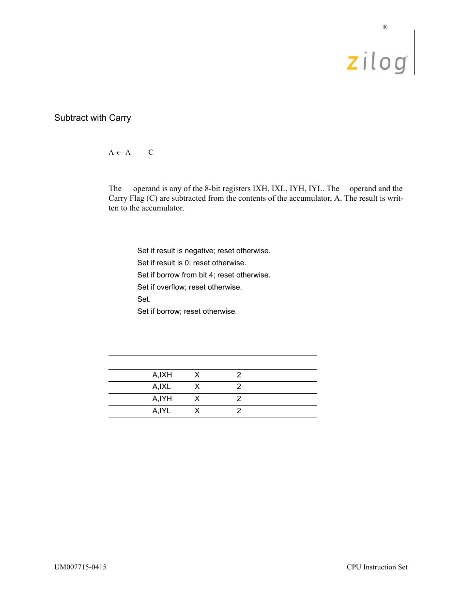 Sbc a, ir, Operation, Description | Condition bits affected attributes | Zilog EZ80F916 User Manual | Page 339 / 411
