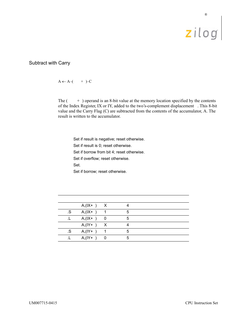 Sbc a, (ix/y+d), Operation, Description | Condition bits affected attributes | Zilog EZ80F916 User Manual | Page 340 / 411