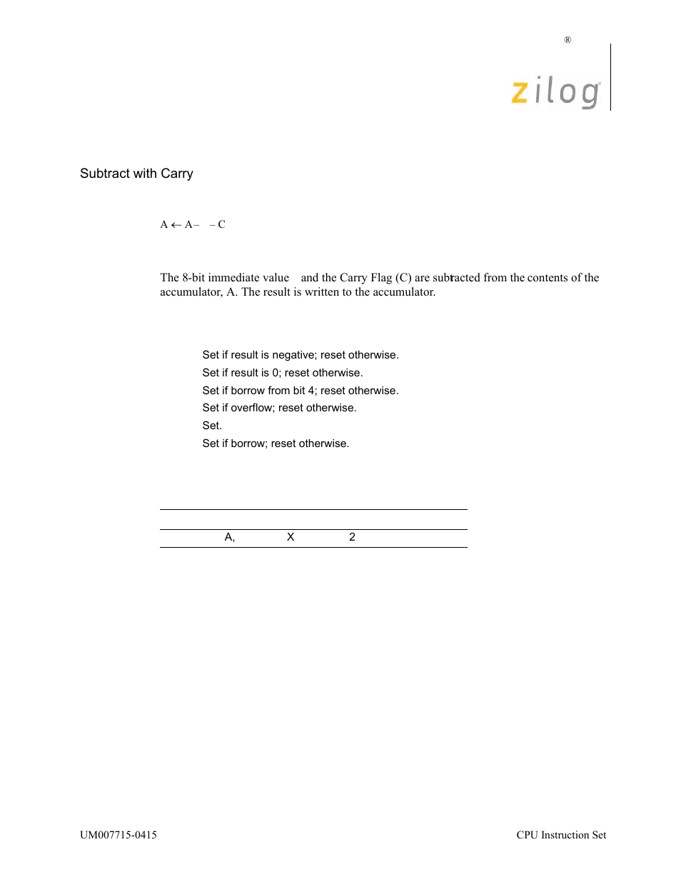 Sbc a, n, Operation, Description | Condition bits affected attributes | Zilog EZ80F916 User Manual | Page 341 / 411