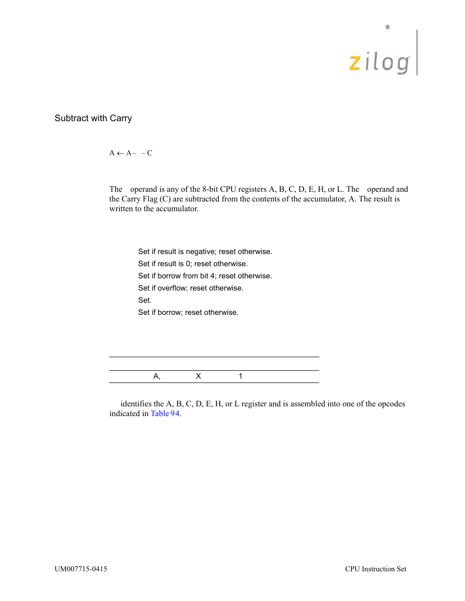 Sbc a, r, Operation, Description | Condition bits affected attributes | Zilog EZ80F916 User Manual | Page 342 / 411