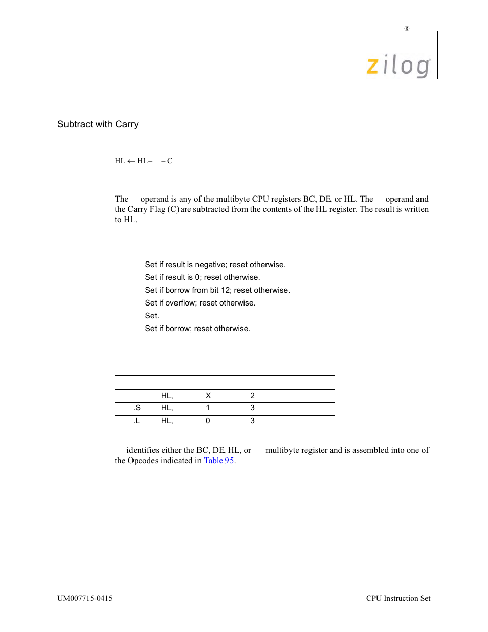 Sbc hl, rr, Operation, Description | Condition bits affected attributes | Zilog EZ80F916 User Manual | Page 344 / 411