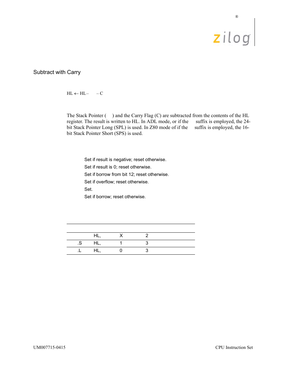 Sbc hl, sp, Operation, Description | Condition bits affected attributes | Zilog EZ80F916 User Manual | Page 346 / 411