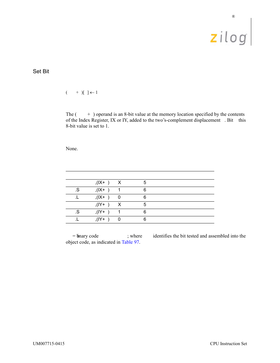 Set b, (ix/y+d), Operation, Description | Condition bits affected, Attributes | Zilog EZ80F916 User Manual | Page 349 / 411
