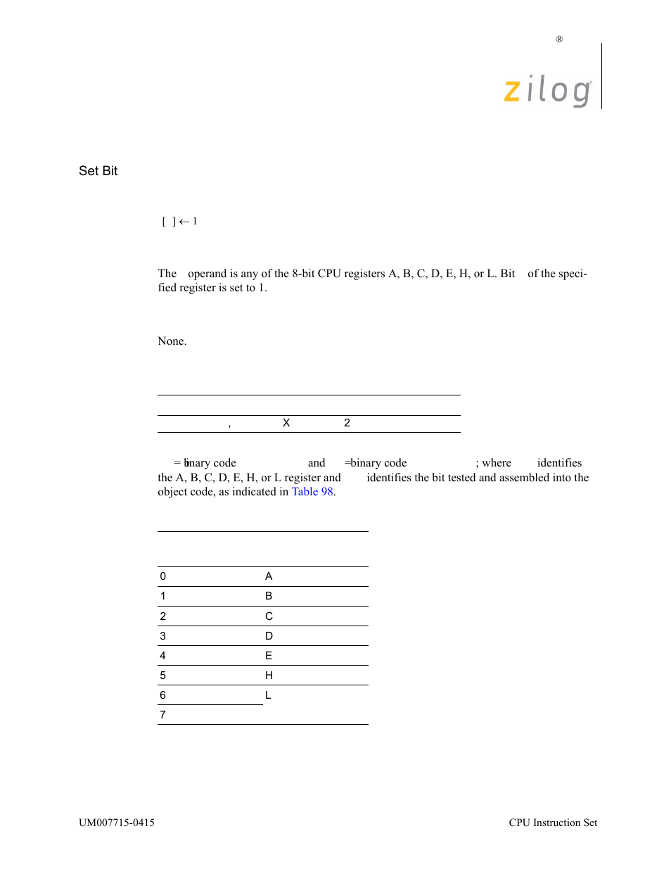 Set b, r, Operation, Description | Condition bits affected, Attributes | Zilog EZ80F916 User Manual | Page 351 / 411