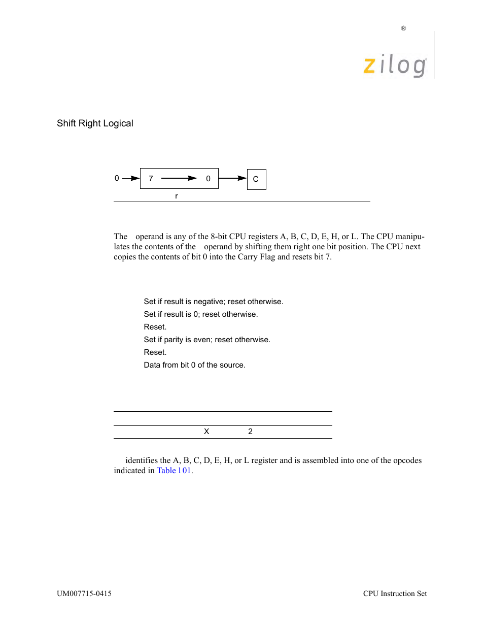 Srl r, Operation description, Condition bits affected attributes | Zilog EZ80F916 User Manual | Page 363 / 411