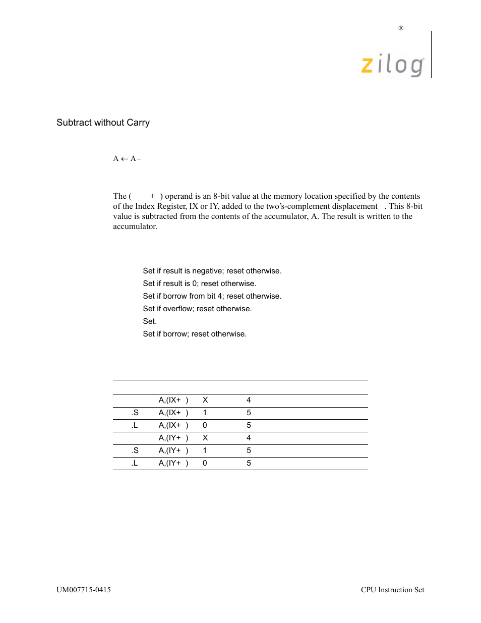 Sub a, (ix/y+d), Operation, Description | Condition bits affected attributes | Zilog EZ80F916 User Manual | Page 368 / 411