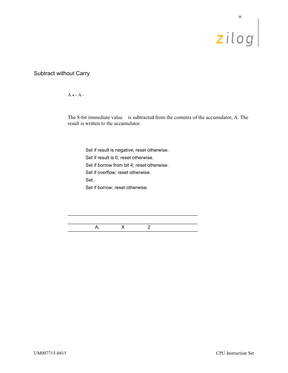 Sub a, n, Operation, Description | Condition bits affected attributes | Zilog EZ80F916 User Manual | Page 369 / 411