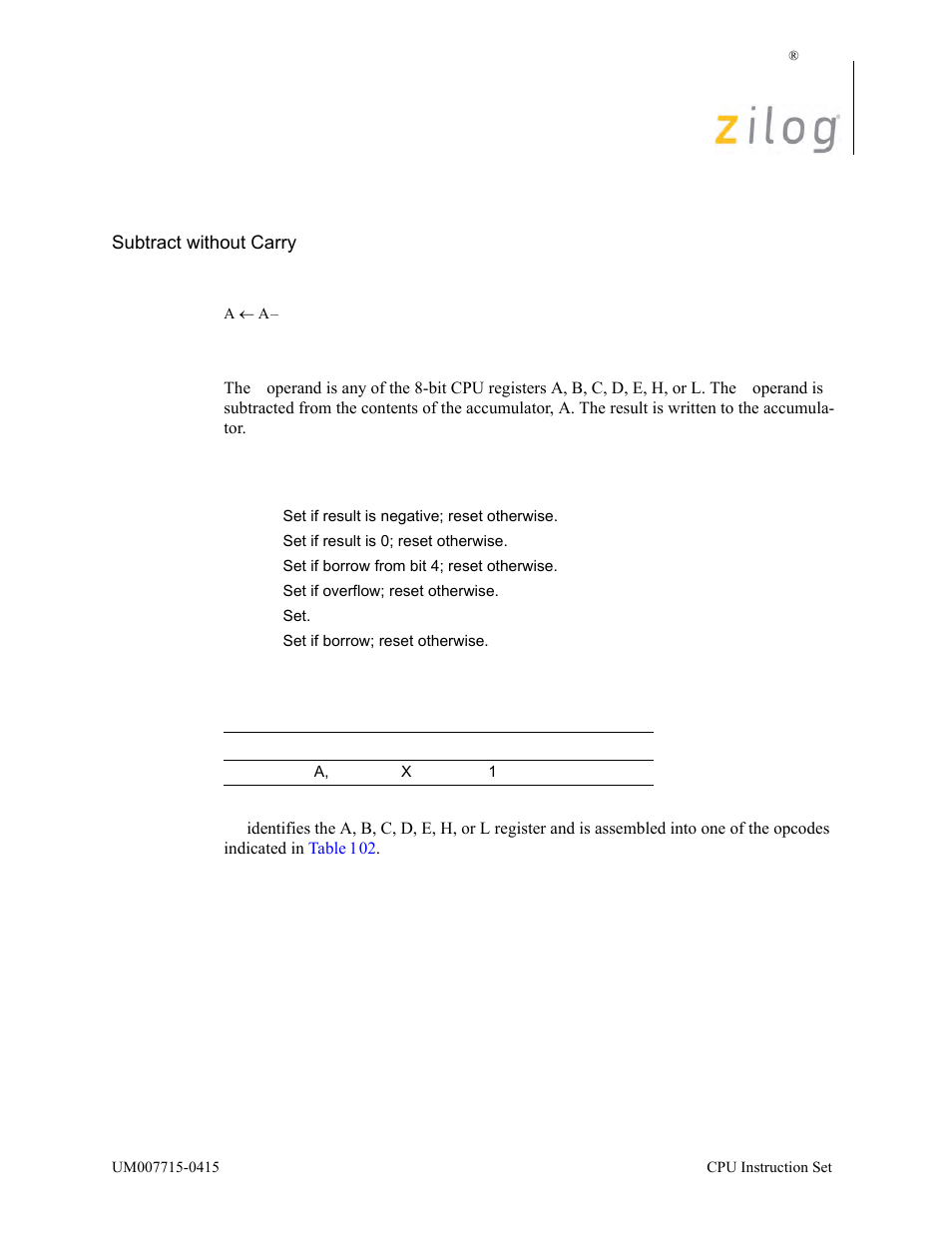 Sub a, r, Operation, Description | Condition bits affected attributes | Zilog EZ80F916 User Manual | Page 370 / 411