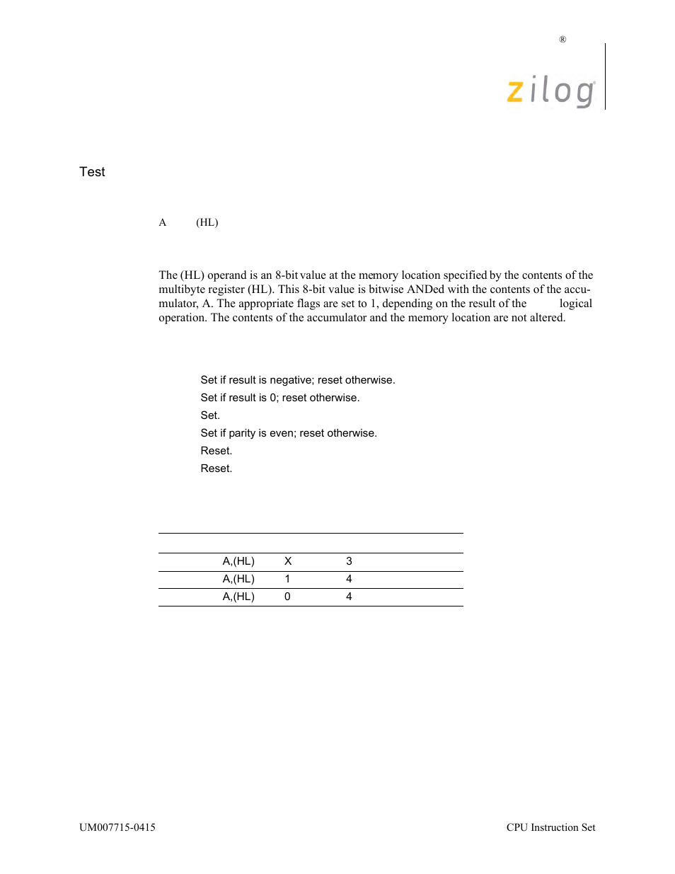 Tst a, (hl), Operation, Description | Condition bits affected attributes | Zilog EZ80F916 User Manual | Page 372 / 411