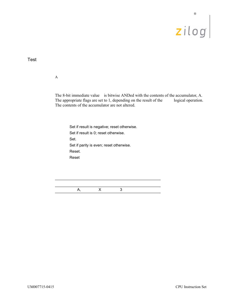Tst a, n, Operation, Description | Condition bits affected attributes | Zilog EZ80F916 User Manual | Page 373 / 411