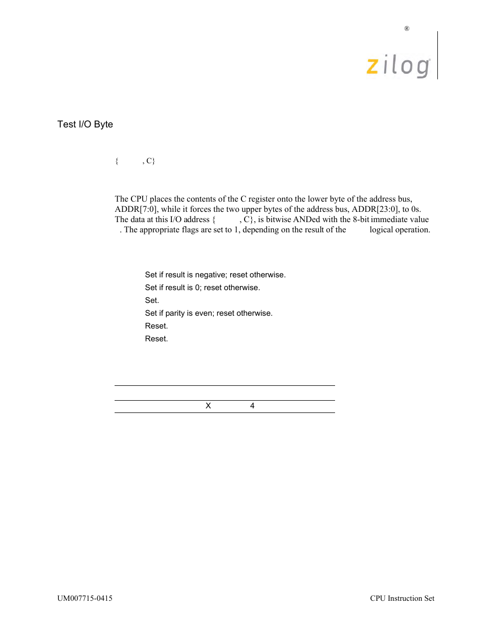 Tstio n, Operation, Description | Condition bits affected attributes | Zilog EZ80F916 User Manual | Page 376 / 411