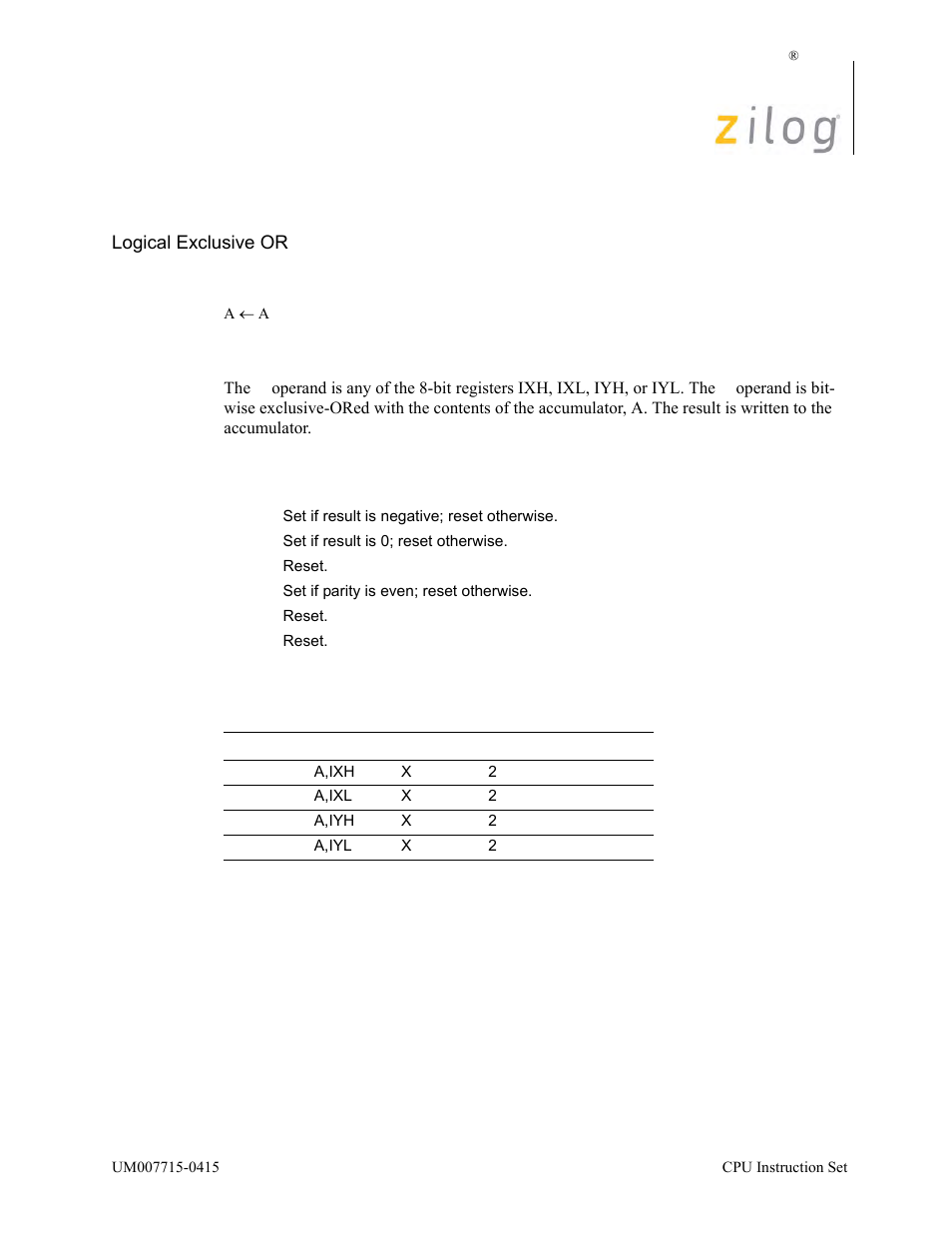 Xor a, ir, Operation, Description | Condition bits affected attributes | Zilog EZ80F916 User Manual | Page 378 / 411