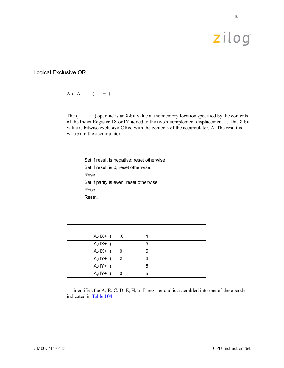 Xor a, (ix/y+d), Operation, Description | Condition bits affected attributes | Zilog EZ80F916 User Manual | Page 379 / 411