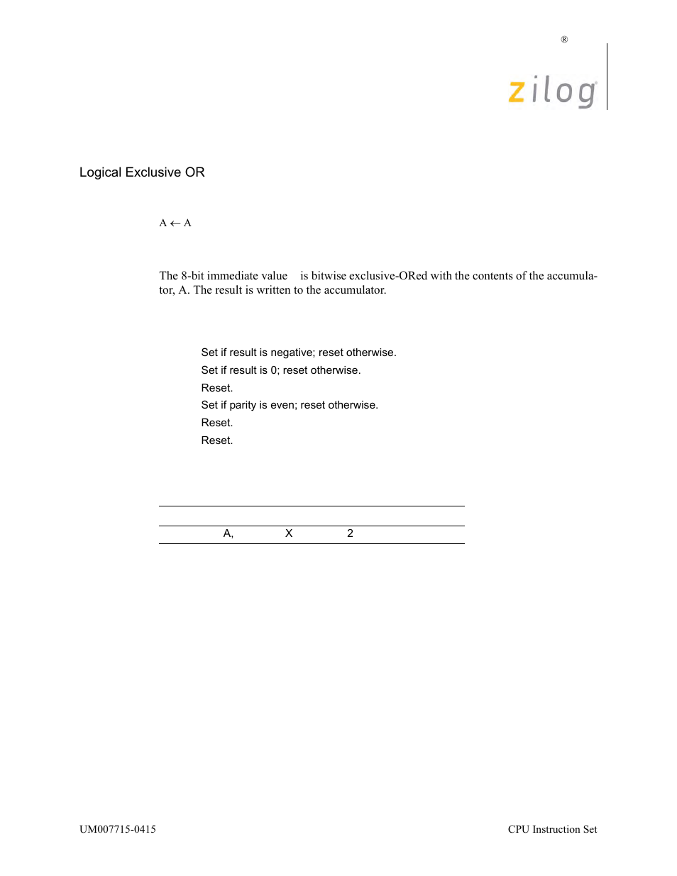 Xor a, n, Operation, Description | Condition bits affected attributes | Zilog EZ80F916 User Manual | Page 381 / 411