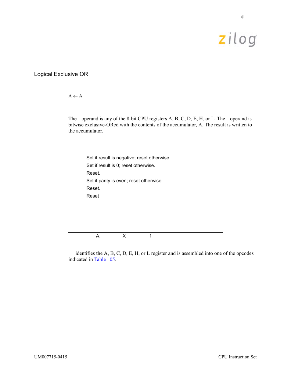 Xor a, r, Operation, Description | Condition bits affected attributes | Zilog EZ80F916 User Manual | Page 382 / 411