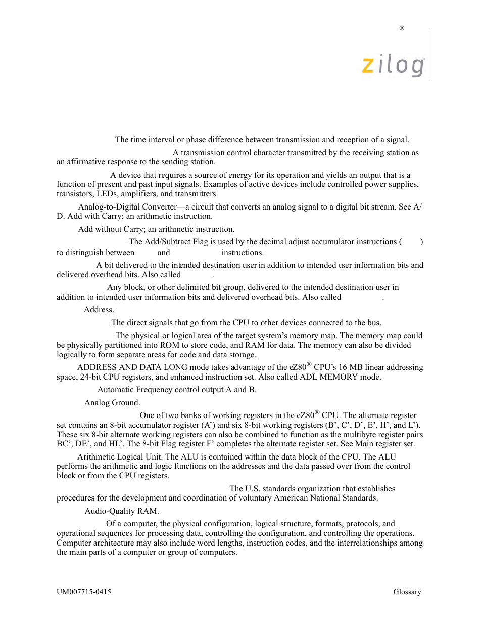 Glossary | Zilog EZ80F916 User Manual | Page 391 / 411