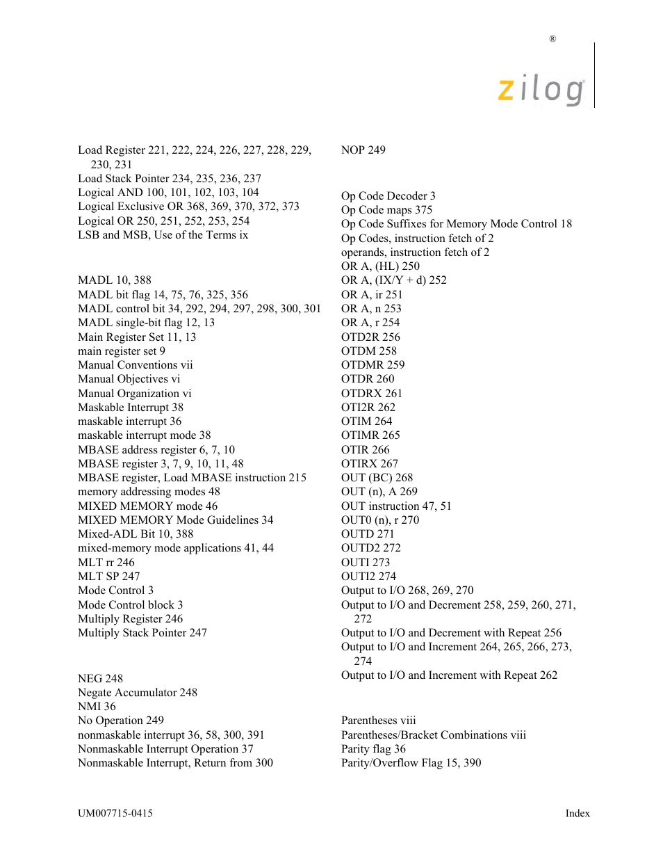 Zilog EZ80F916 User Manual | Page 407 / 411