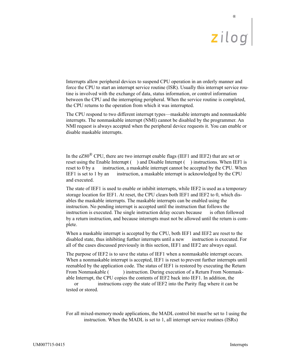 Interrupts, Interrupt enable flags (ief1 and ief2), Interrupts in mixed memory mode applications | Interrupts in mixed memory, Mode applications | Zilog EZ80F916 User Manual | Page 45 / 411