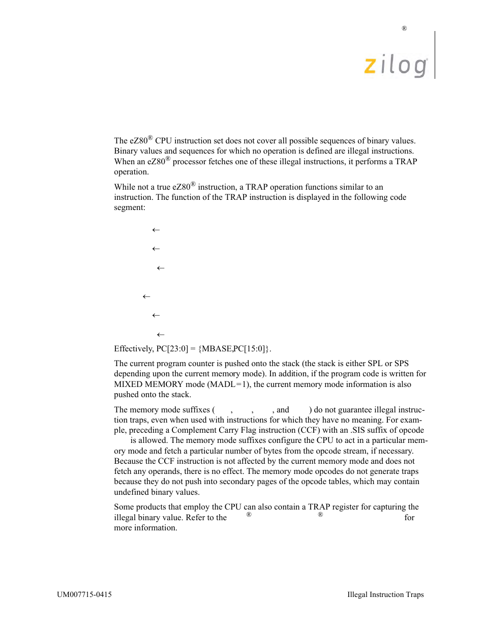 Illegal instruction traps | Zilog EZ80F916 User Manual | Page 55 / 411