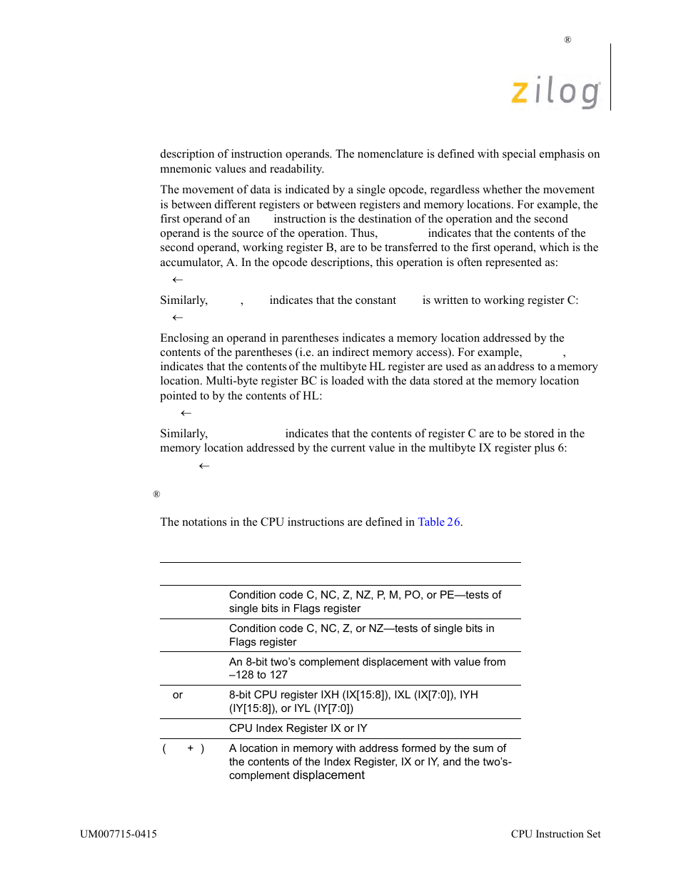 Ez80® cpu instruction notations, Ez80, Cpu instruction notations | Zilog EZ80F916 User Manual | Page 62 / 411