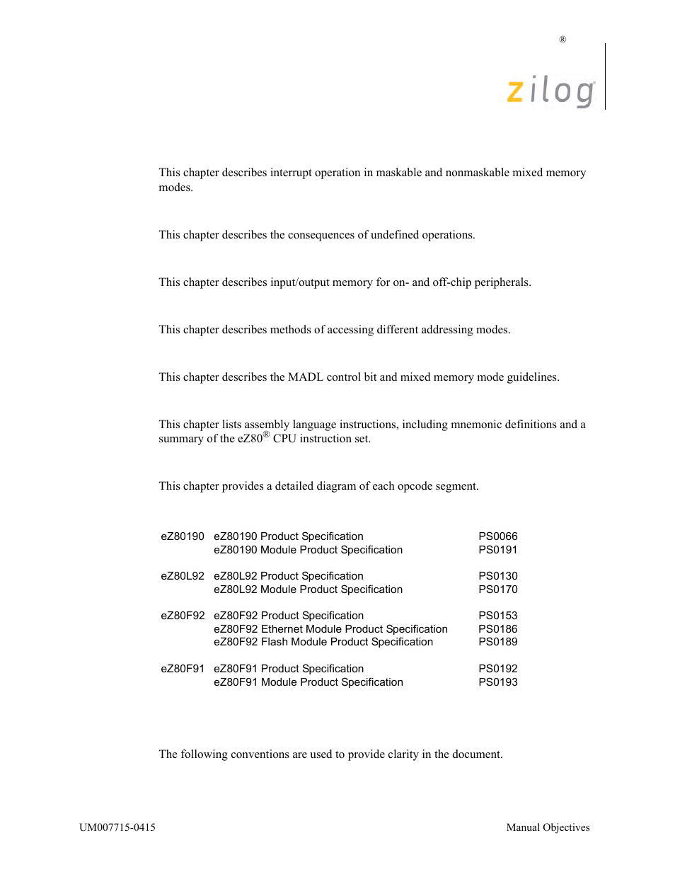 Manual conventions | Zilog EZ80F916 User Manual | Page 7 / 411