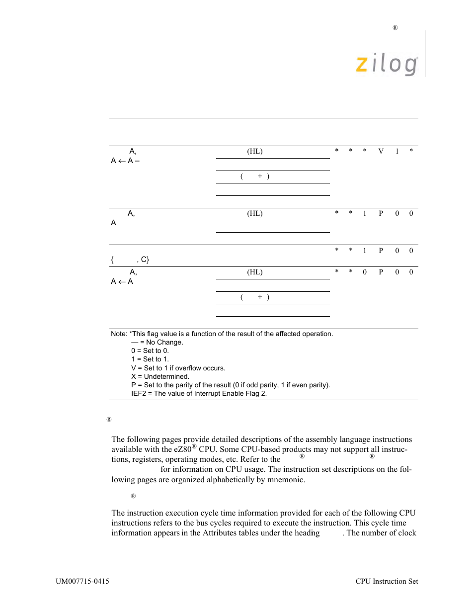 Ez80® cpu instruction set description, Ez80, Cpu instruction set description | Zilog EZ80F916 User Manual | Page 86 / 411