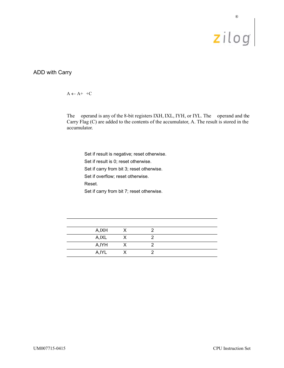 Adc a, ir, Operation, Description | Condition bits affected attributes | Zilog EZ80F916 User Manual | Page 89 / 411