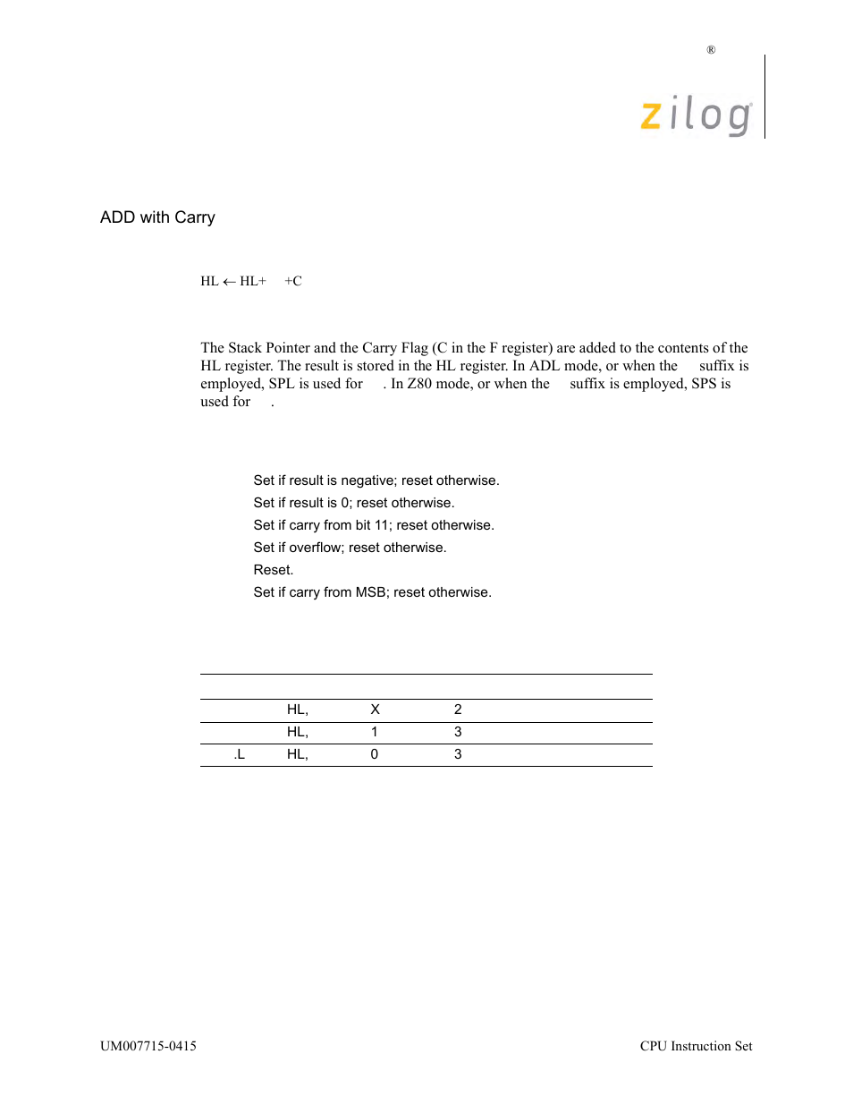 Adc hl, sp, Operation, Description | Condition bits affected attributes | Zilog EZ80F916 User Manual | Page 96 / 411