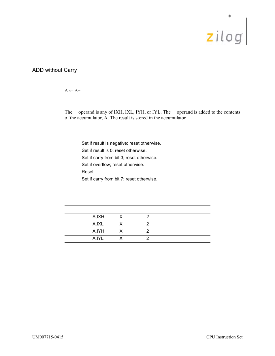 Add a, ir, Operation, Description | Condition bits affected attributes | Zilog EZ80F916 User Manual | Page 98 / 411